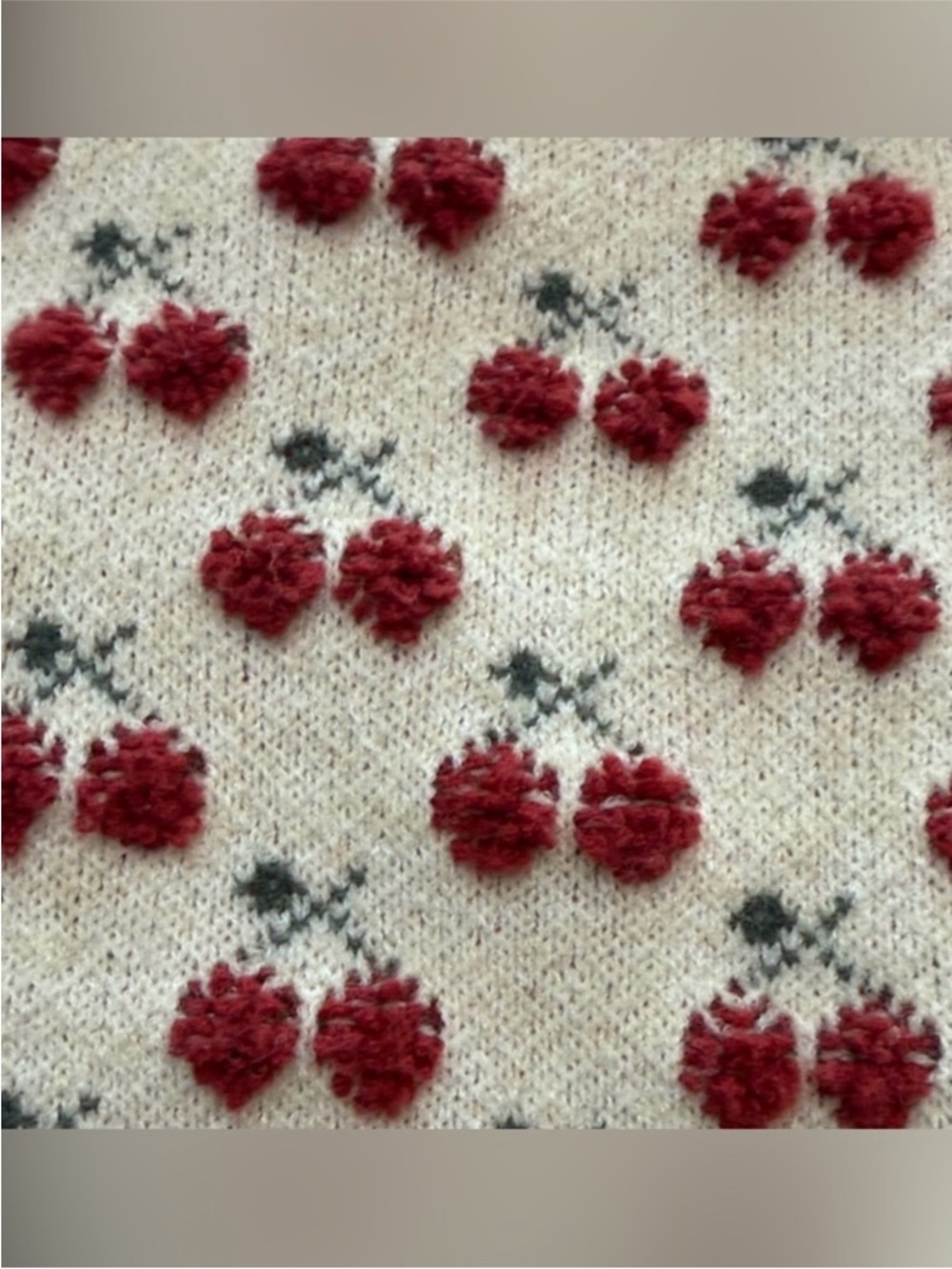 Cider Cream Knit Scoop Neck Sweater with Red Cherries Motif Size XL - Picture 7 of 7